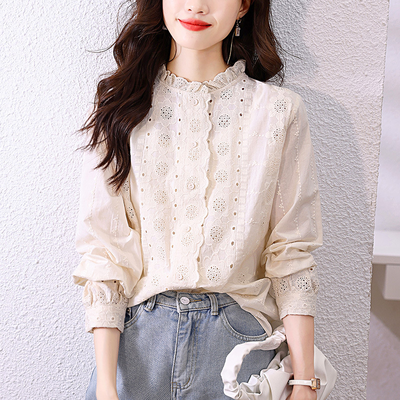 Women's Shirt 2026 Spring New Style Lace Ruffle Collar Apricot Top Long-Sleeved Embroidered Floral Pure Cotton Shirt