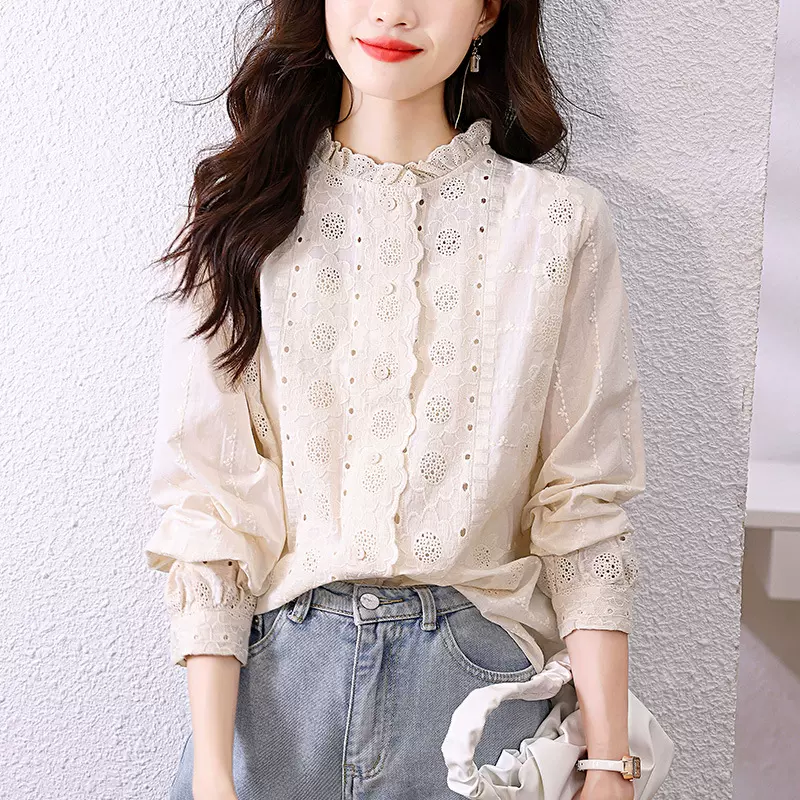 棉茧 女式衬衫2025春装新款蕾丝花边领杏色上衣长袖刺绣花衬衣