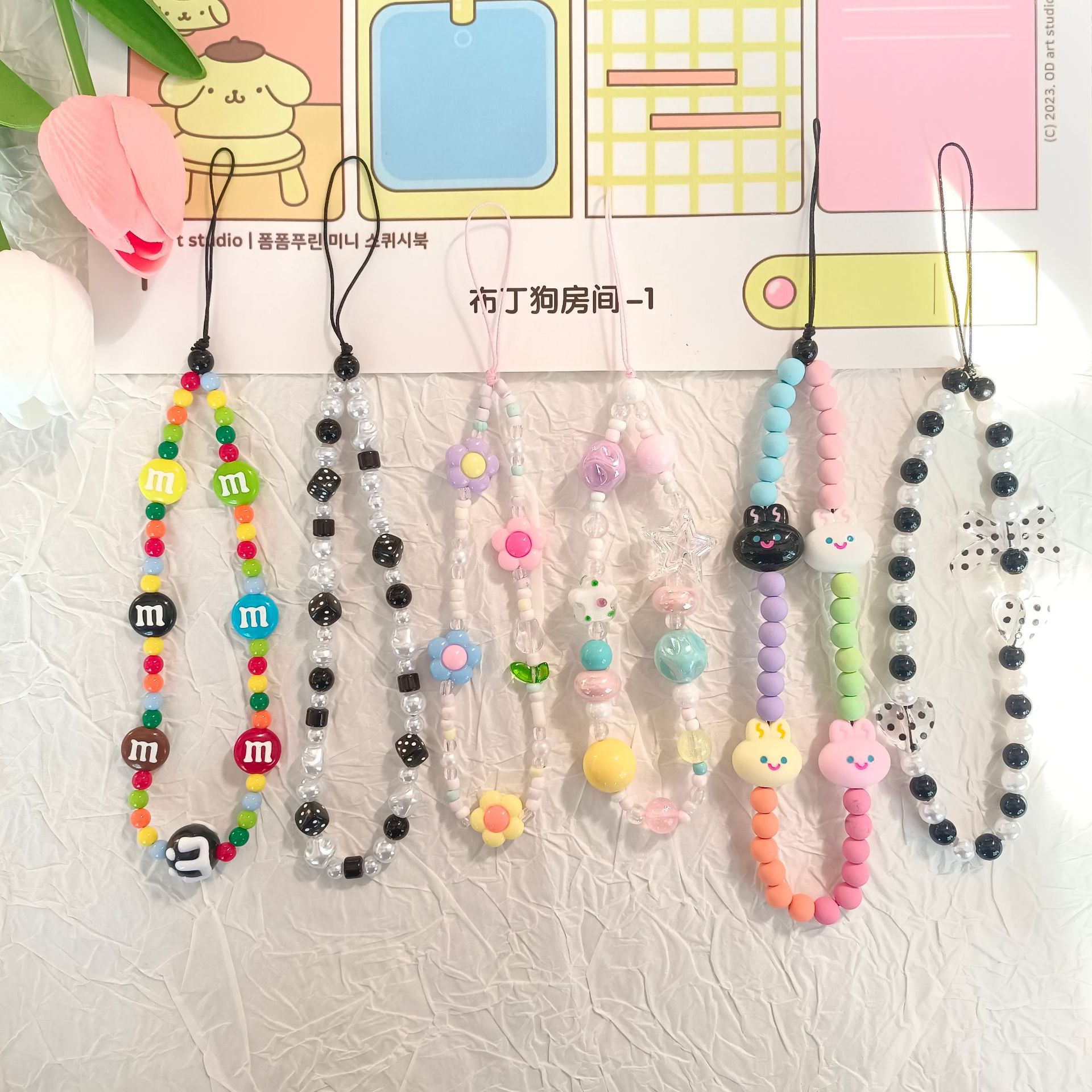 New colorful flowers candy color mix and match mobile phone chain beaded diy mobile phone case hanging chain lanyard girls cute