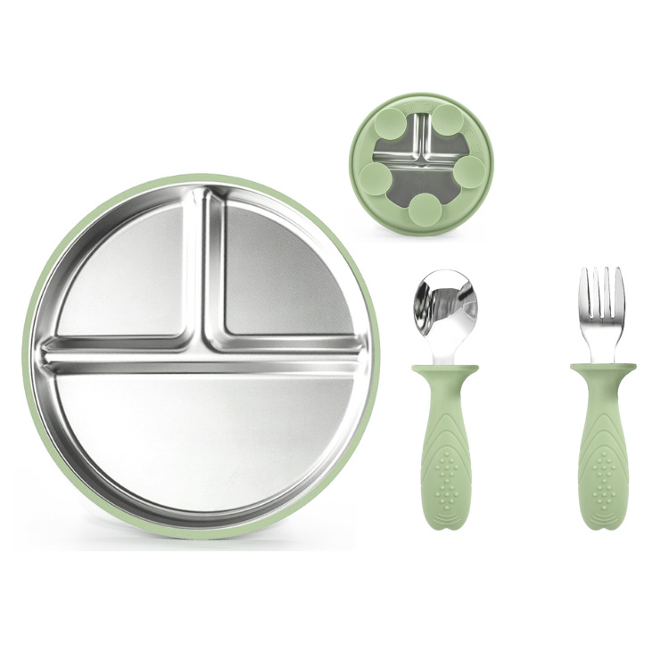 다크그린 3개 - 실리콘 스테인리스 디너 접시 + 스테인리스 포크와 스푼