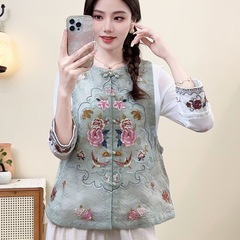 天丝网纹女式马夹民族风新款坎肩2025秋季圆领马甲时尚刺绣背心女