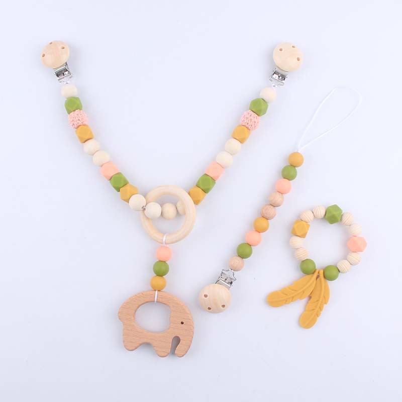 Bebé animal de dibujos animados haya elefante mordedor juguete DIY pluma silicona chupete cadena pulsera coche colgante conjunto de tres piezas