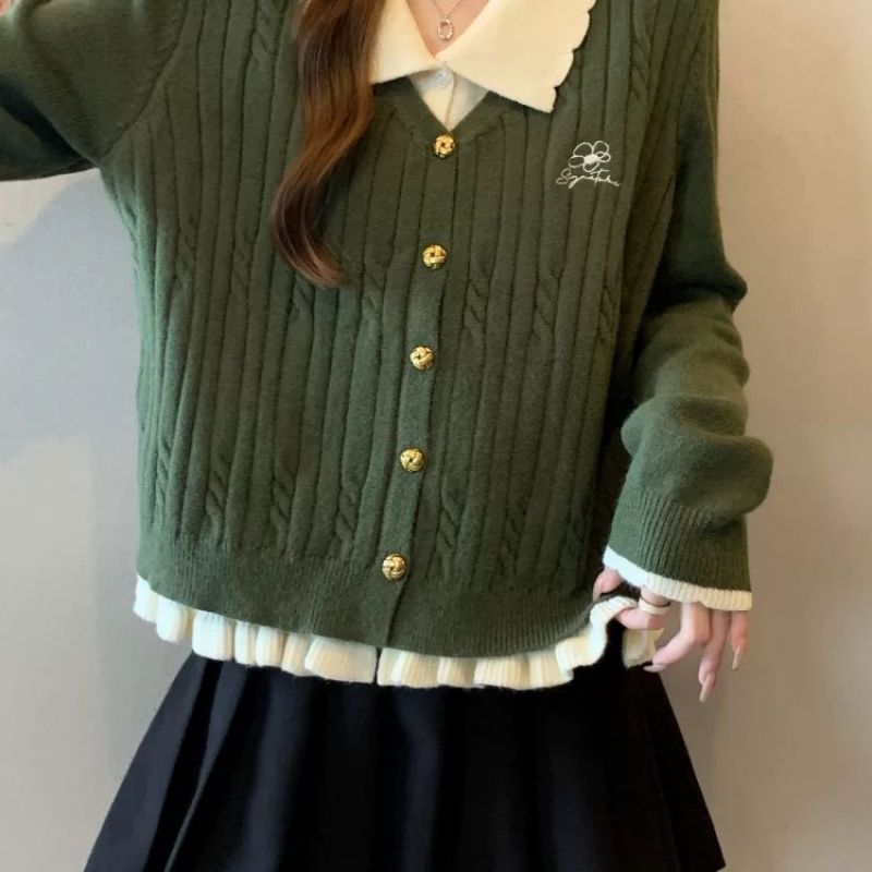 인형 칼라와 어깨 니트 카디건 스웨터 코트 여성의 가을과 겨울 플러스 사이즈 뚱뚱한 가짜 투피스 탑