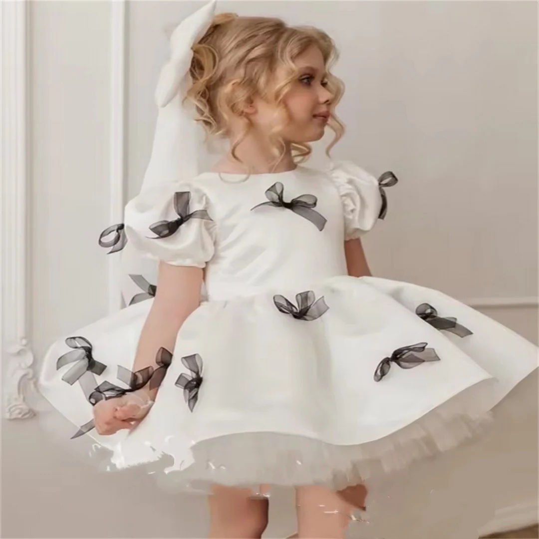 Black Retro Princess Dress For Girls Bow Design Children's Fashion Show Flower Girl Piano Performance Dress_voghion.com