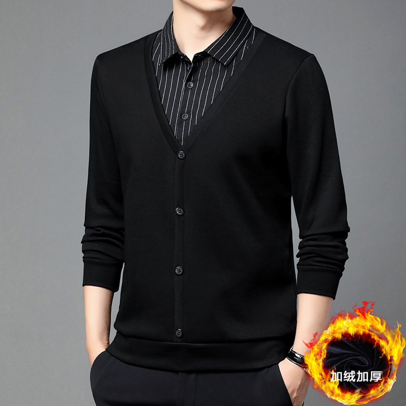 Velvet Fake Two-Piece T-Shirt Men's Winter Stripesd Shirt Collar Spring & Fall Dad Wear Warm Casual Knitwear