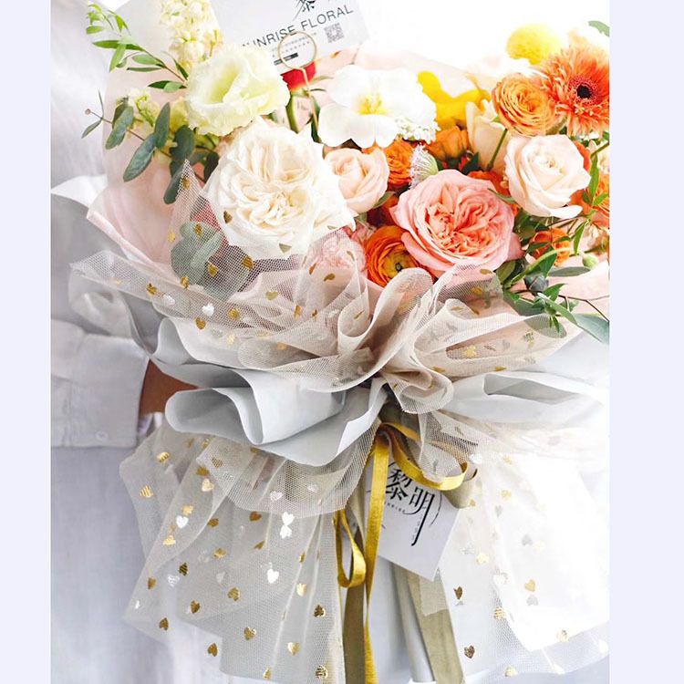 韩式新品烫金心心念念纱网烫金爱心纱花艺包装网纱花店用品材料批