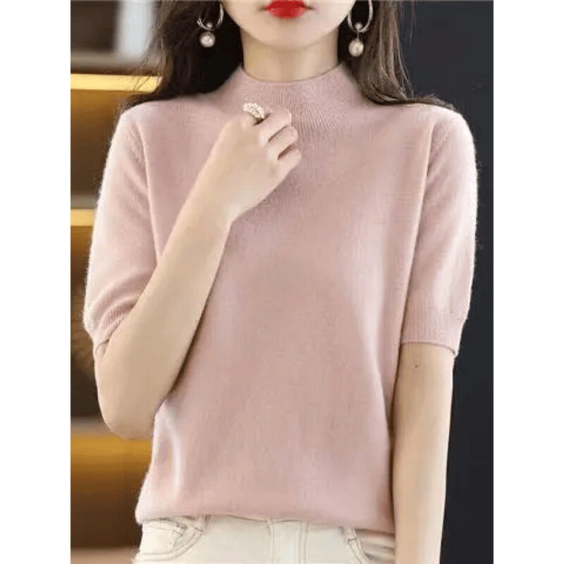 2026 New Spring and Autumn Half-Turtleneck T-Shirt for Women, Loose Fit, Slimming, Solid Color Sweater, Base Knit Half-Sleeve Top, Thin