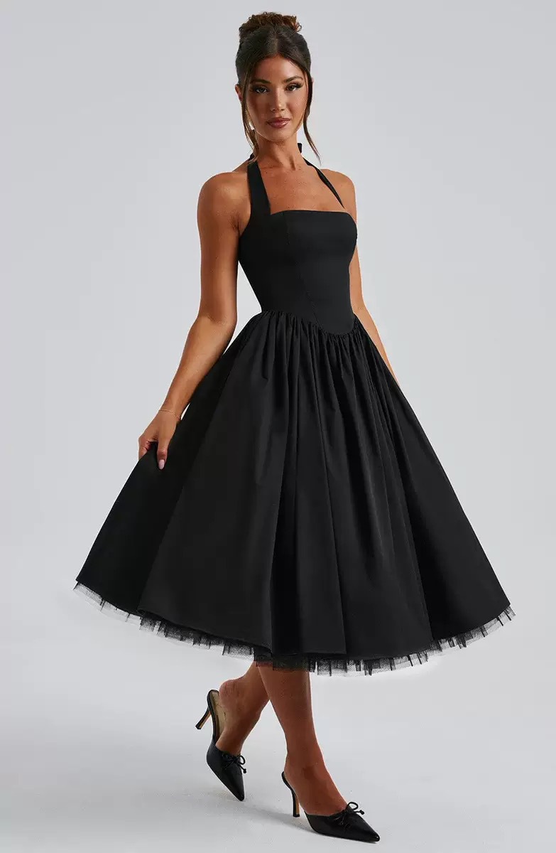 French Halter Neck Backless Dress Sexy Tie Up Midi Skirt Mesh Fabric Women's Clothing New_ecoleips.com