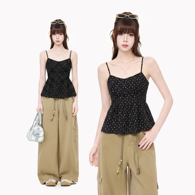 Korean-Style Black Floral Sleeveless Backless Camisole for Women, 2026 Summer New Slim-Fit Flattering Outerwear Top Korean-Style Black Floral Sleeveless Backless Camisole for Women, 2026 Summer New Slim-Fit Flattering Outerwear Top