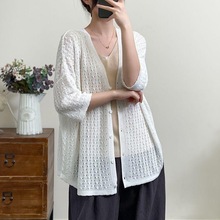 一件代发 大码外搭镂空亚麻针织开衫七分袖女夏季薄款文艺休闲宽