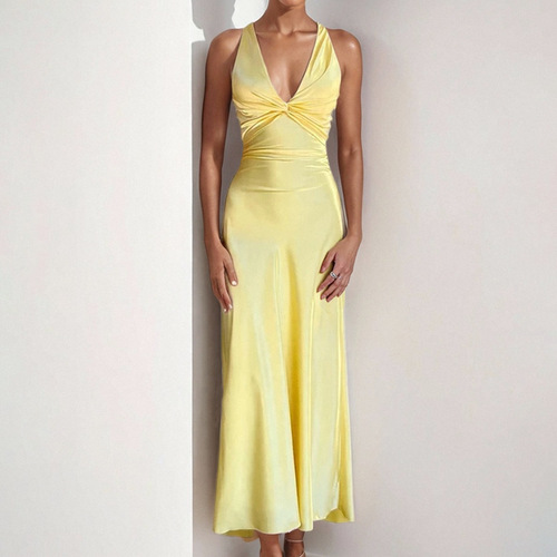 Amazon Cross-Border 2025 New European and American Women's Sexy V-Neck Pleated Fitted Long Dress Elegant and Graceful Dress