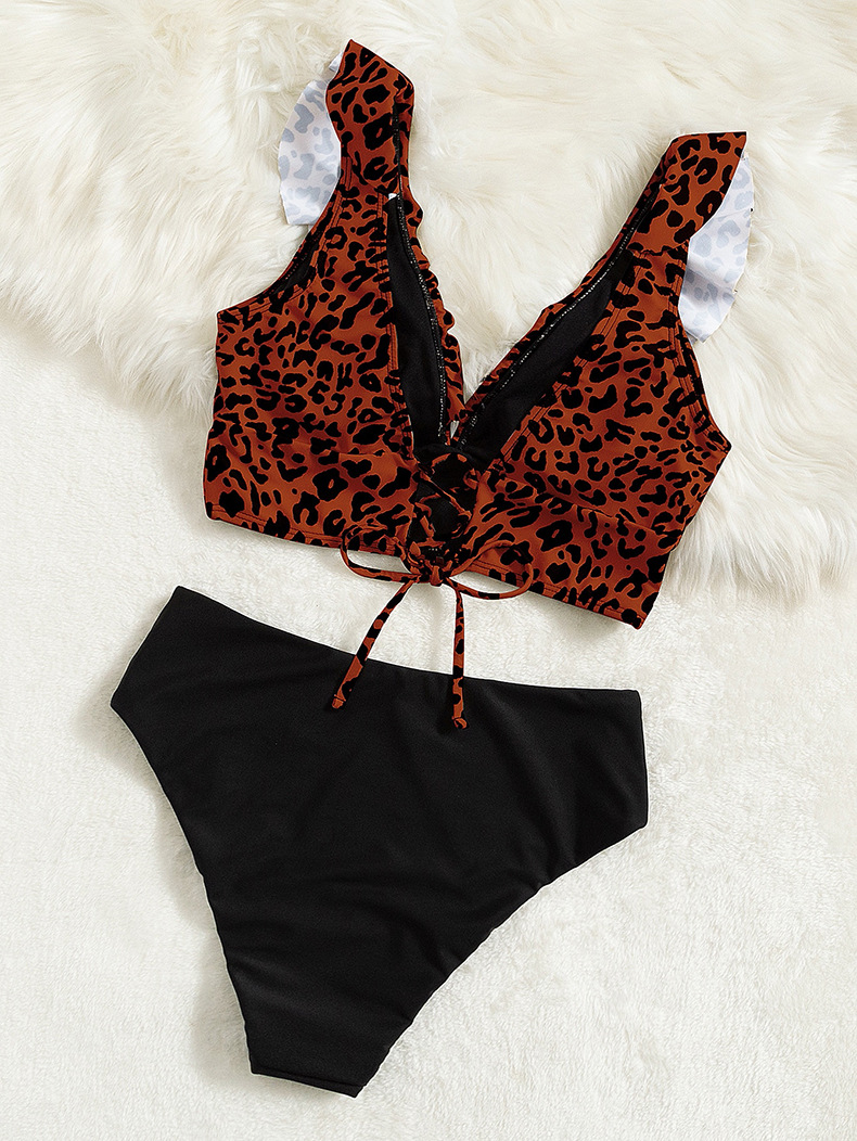 2024 New Leopard Pattern Ruffle Edge Beach Bikini Women's High Waist Triangle Split Swimsuit_voghion.com