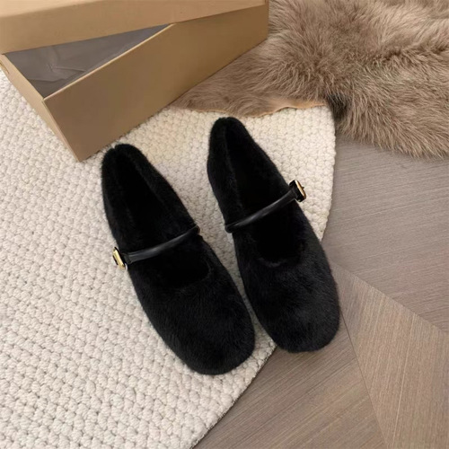 Flat Mary Jane Plush Booties with One Strap, Low-top Square Button Winter Fleece Women's Shoes with Thick Sole