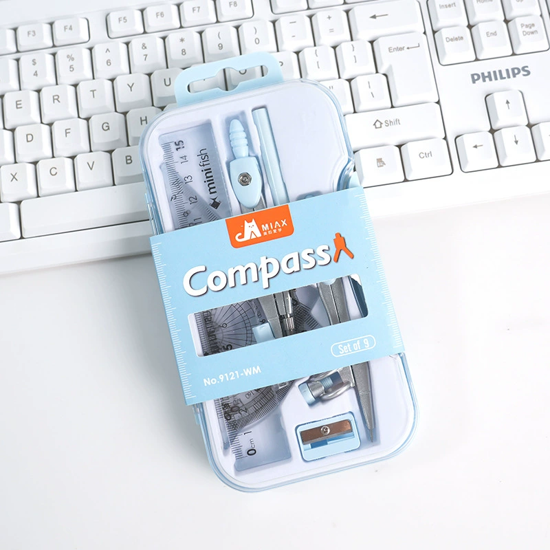 Student-specific compass assembly nine-piece set ruler pencil sharpener drawing design examination standard drawing tool compass