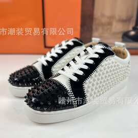 跨境cl andgz男黑白色牛皮系带满铆钉低帮红底鞋女休闲板鞋情侣款
