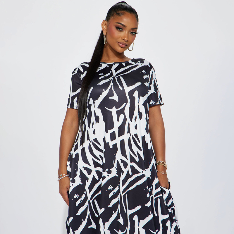 Casual Outing Abstract Printing Black White Short Sleeve Dress Comfortable Home Loose Dress