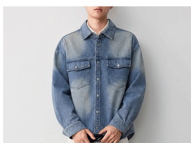 Áo sơ mi denim nam phong cách đường phố, hiệu ứng mài trắng làm cũ, hai túi ngực — Cao bồi xanh chi tiết 13