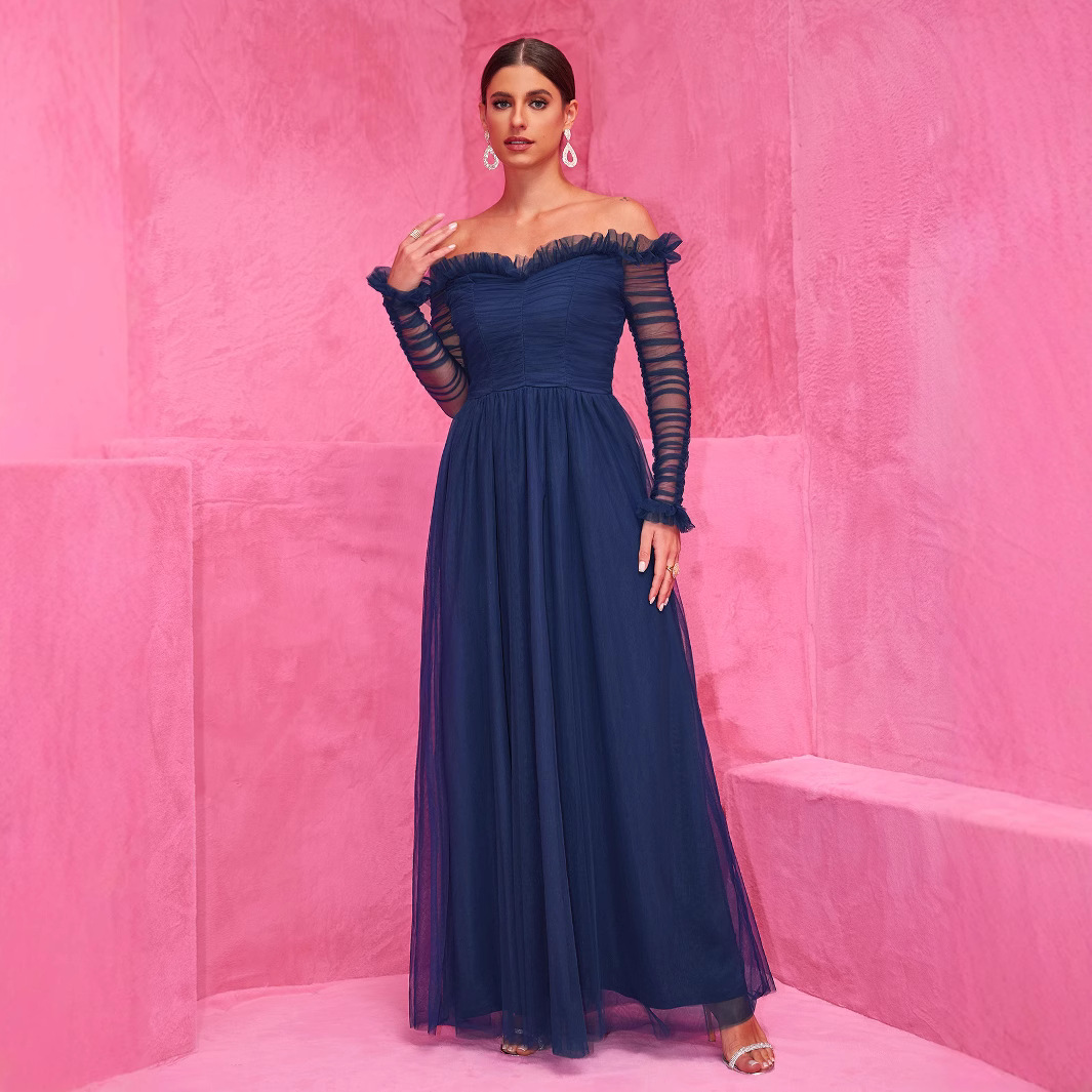 Evening dress, lace shiffon long skirt, Amazon, European style, open shoulders 2