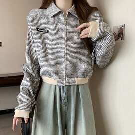 港风设计薄款感复古夹克上衣条纹外套女春秋休闲宽松短款百搭小众
