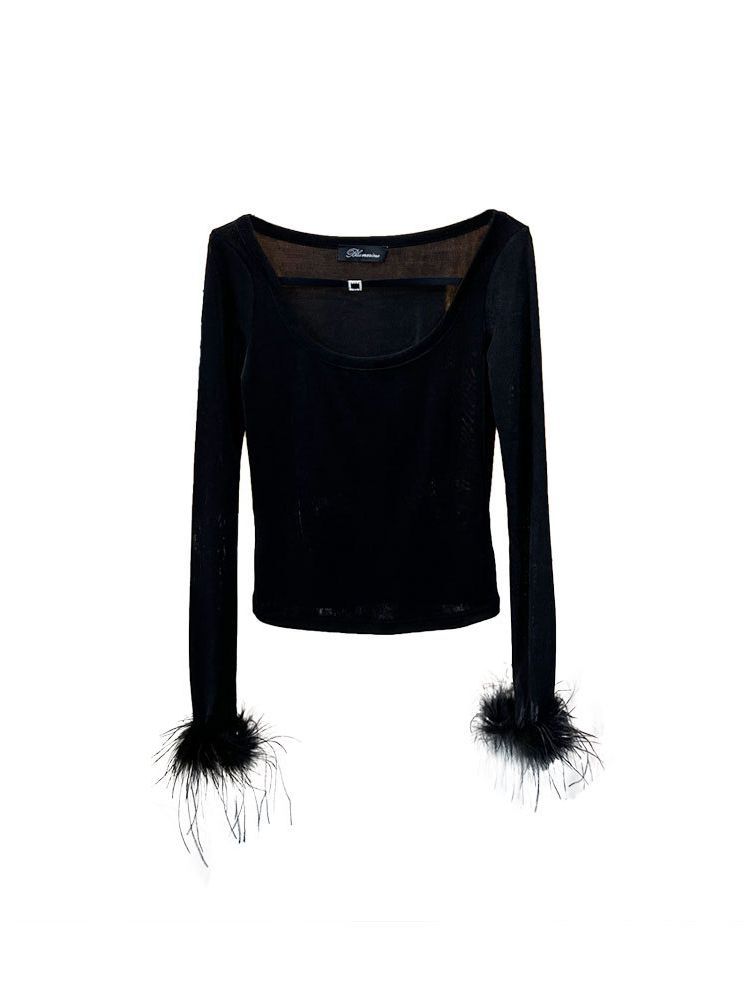 Nueva camiseta de manga larga elegante y hermosa para mujer, suéter moderno con diseño de plumas, top elástico ajustado.