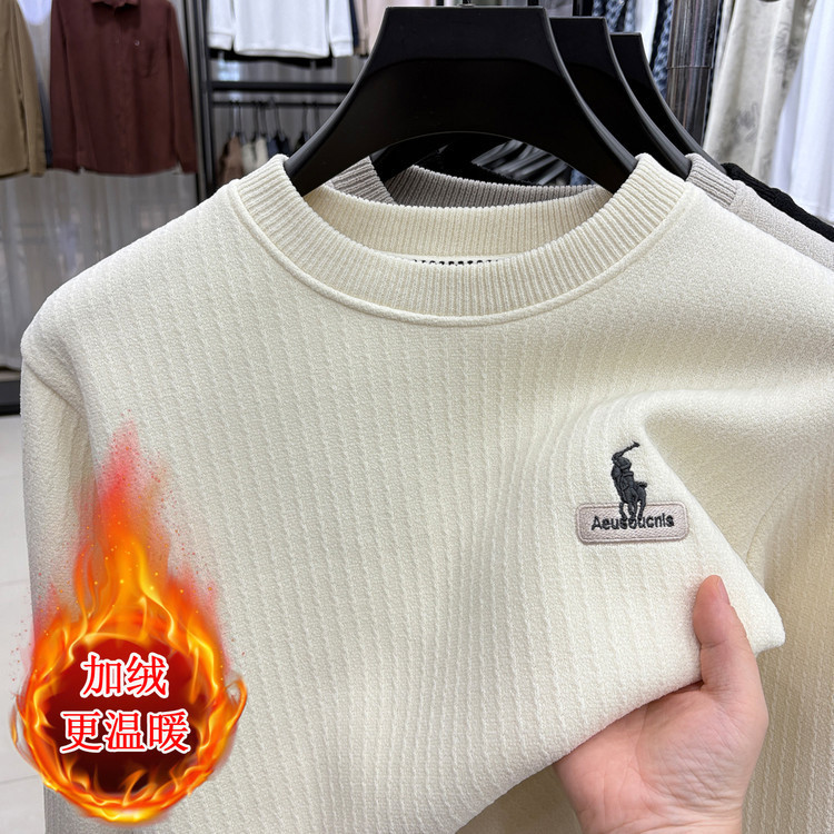 [Outlet Clearance] Winter Sweater Crew Neck Horse Logo Embroidered Sweatshirt Long Sleeve Fleece Lined Thickened Men's Knitwear