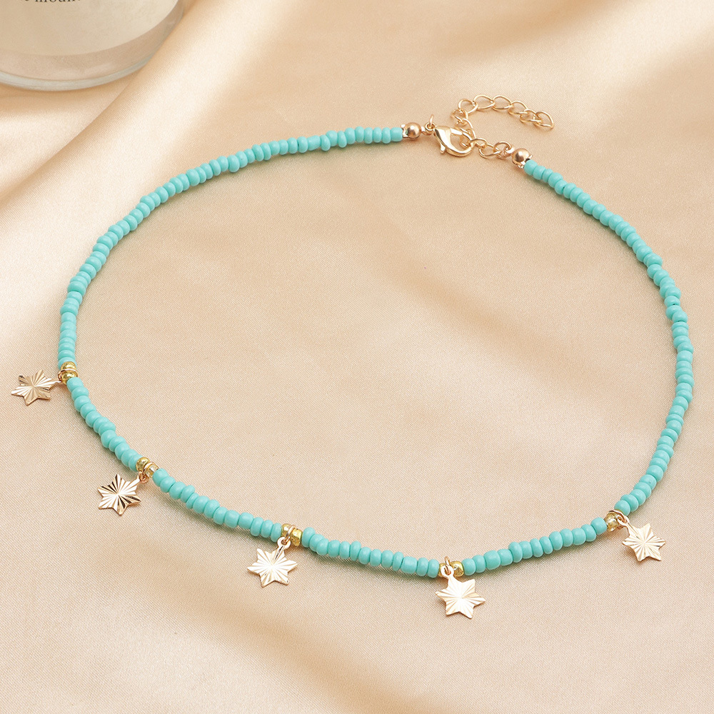 Retro Small Fresh Color Rice Bead Necklace Simple Five-pointed Star Moon Necklace display picture 10