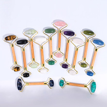 批发粉晶滚轮玉石木杆双头按摩滚轮面部专用按摩厂家现货