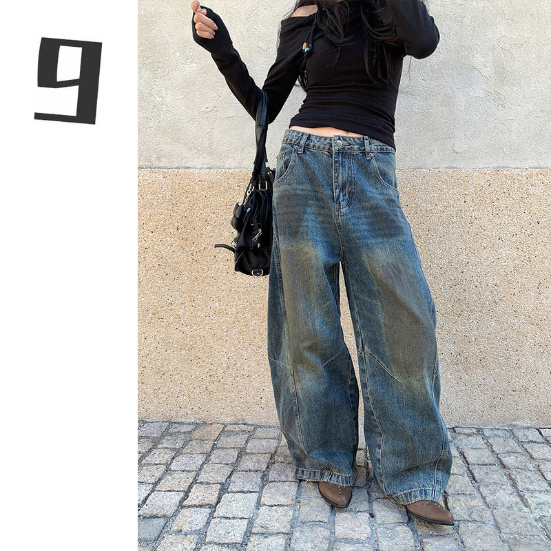 [9Hour] Retro Old Dirty Dyed Scimitar Jeans for Women 2025 Autumn and Winter Wide Leg Balloon Pants for Women Cx0296