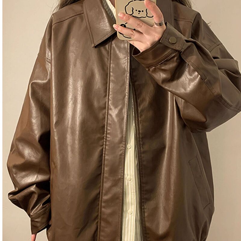 2024 New Autumn and Winter American Motorcycle Style Leather Jacket Women's Loose Easiest for Match Windproof and Waterproof Couple Jacket Trend 2024 New Autumn and Winter American Motorcycle Style Leather Jacket Women's Loose Easiest for Match Windproof and Waterproof Couple Jacket Trend