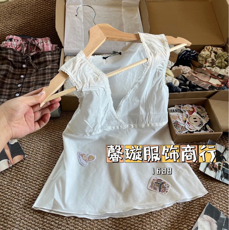 BM风 白色花边V领无袖背心上衣女夏季新款bm百搭收腰系带显瘦短袖|undefined