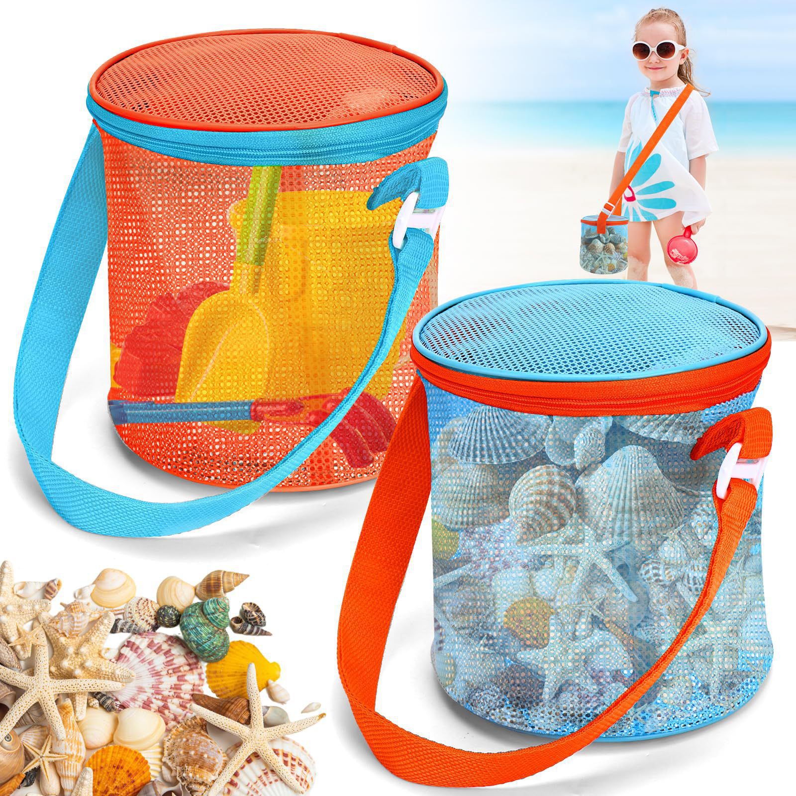 Beach Mesh Bag Outdoor Wild Collection Bag Cylindrical Mesh Collection Bag Large Capacity Storage Bag Beach Bag