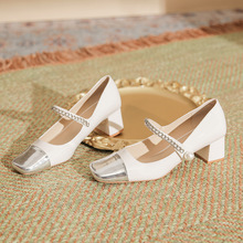 H978-51银色玛丽珍高跟鞋拼色方头粗跟女鞋一字带小香风新款鞋子