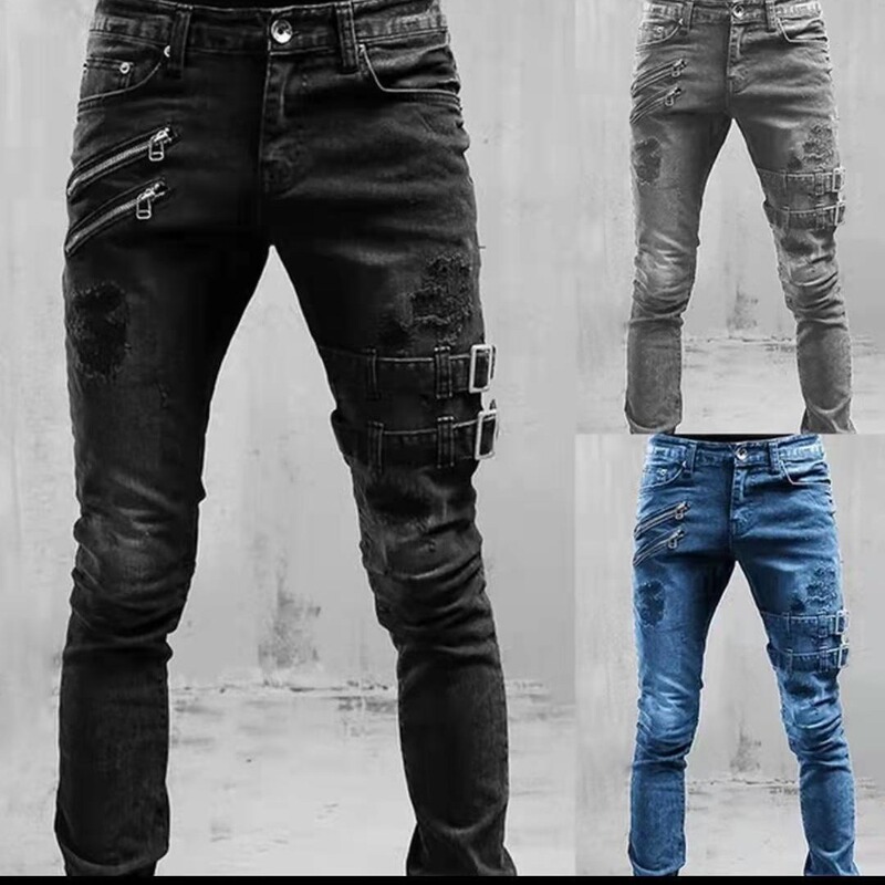 2022 Cross-Border Exclusive European and American New Motorcycle Style Trendy Amazon Wish Exclusive Stretch Skinny Jeans