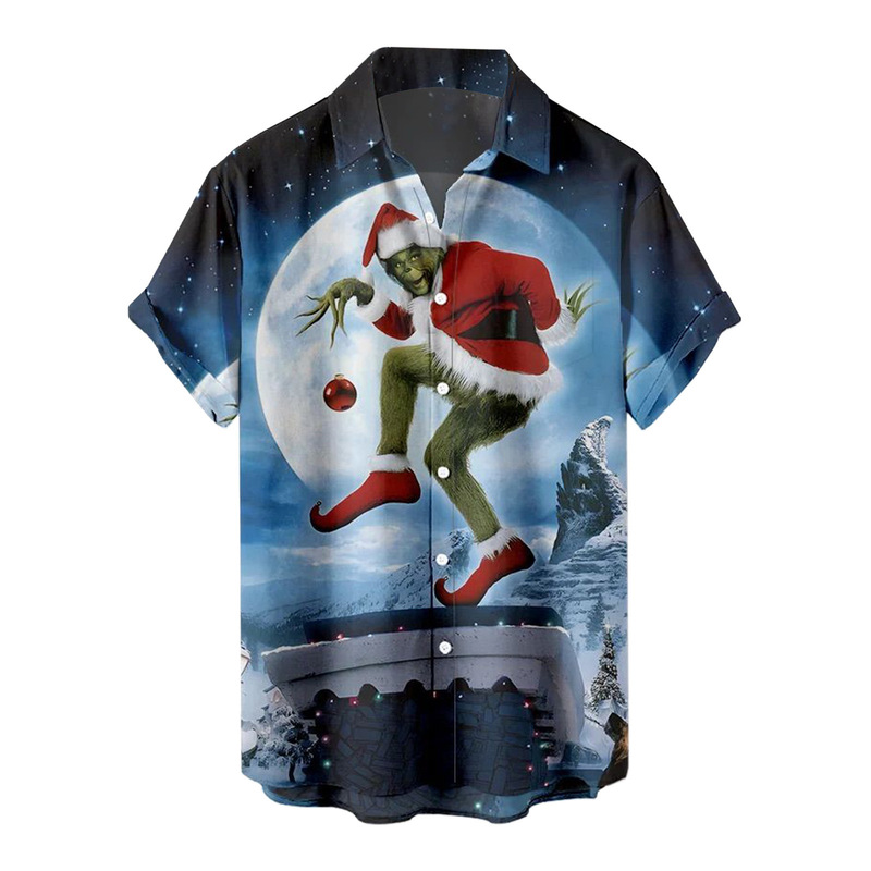 2024 European and American Christmas Green Hair Monster Grinch Series Buttons Amazon Fashion Summer Short Shirt