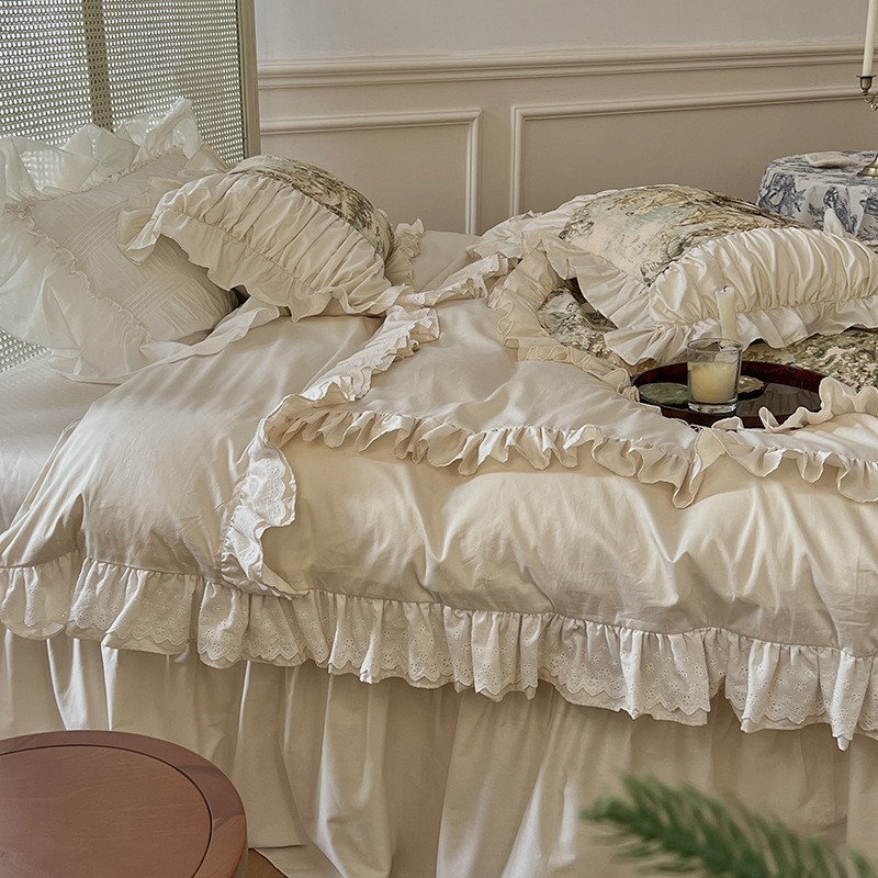 Nordic Vintage Four Piece Bedding Set Pure Cotton Princess Style_voghion.com