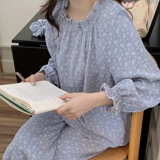 韩国ins女士秋季新品韩系双层棉纱小碎花家居服睡衣套装带发圈女