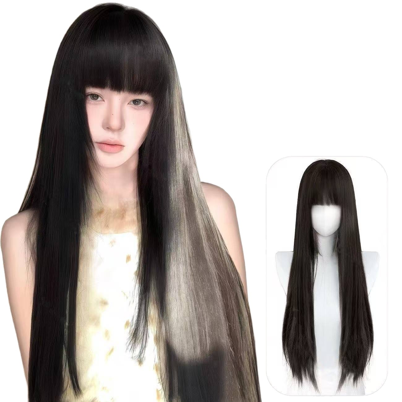 Connie teljes fejű női paróka, Vintage fekete, hosszú, egyenes Lolita Tomie stílus, valósághű és terjedelmes mindennapi viselethez