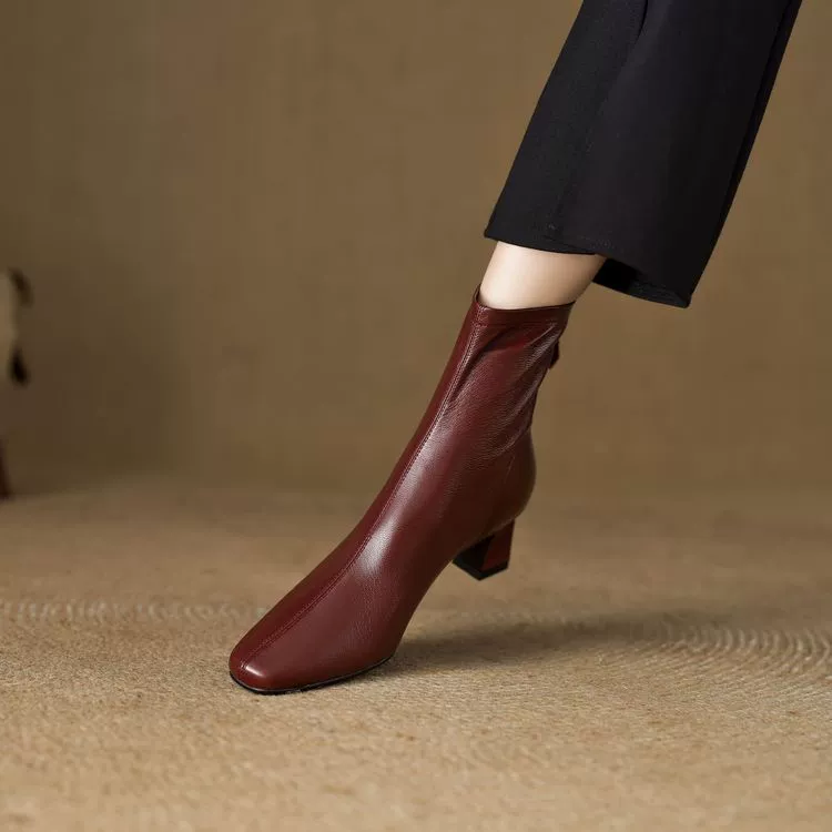 Головной слой овчины ~ Французские ретро коричневые кожаные толстые сапоги на каблуках 2024 новые туфли на каблуках осенью и зимой ~