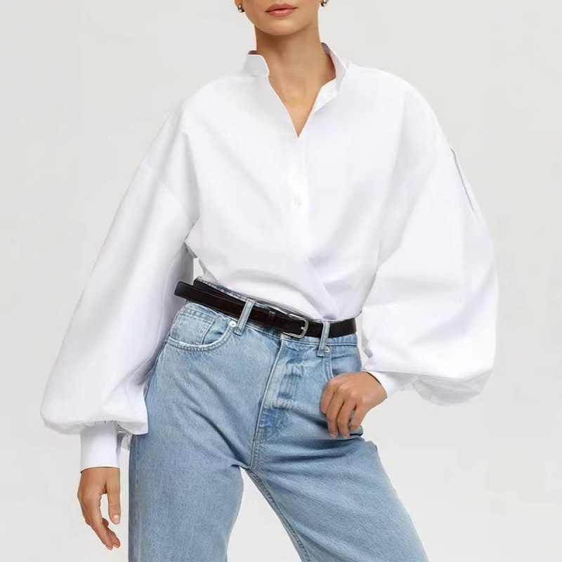 Cross-Border Scandinavian Niche Design Tot 100% Cotton Lantern Sleeve Stand Collar Long Sleeve Loose and Wide Simple Shirt