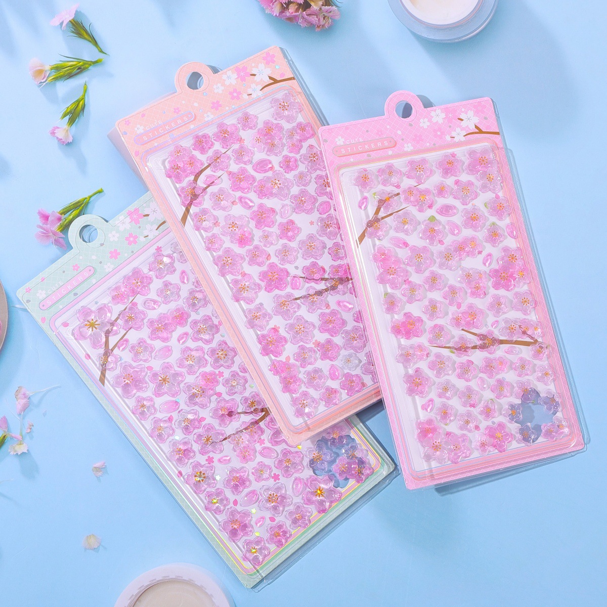 Envasado exquisito flor de cerezo japonesa 3D pegatinas en relieve estereoscópico dibujos animados para niños adorable decoración pegatinas de cristal estampado