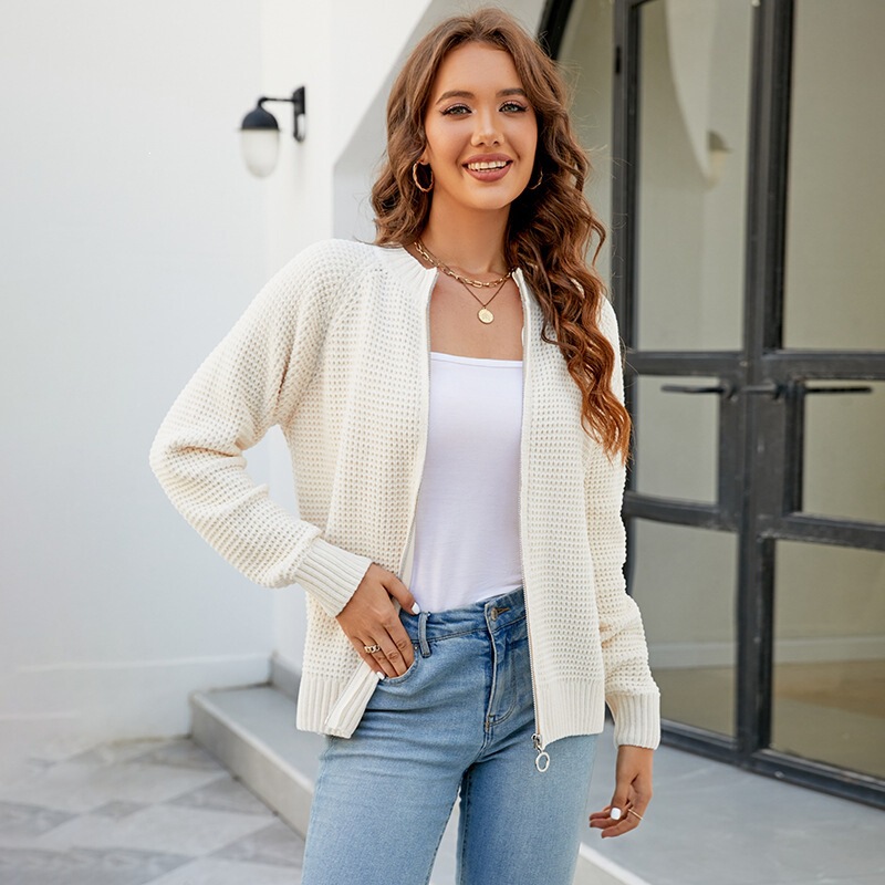 Light Rain Foreign Trade Autumn and Winter New European and American Cross-Border Sweater Cardigan for Women, Solid Color Zip-Up Round Neck Knitwear Jacket