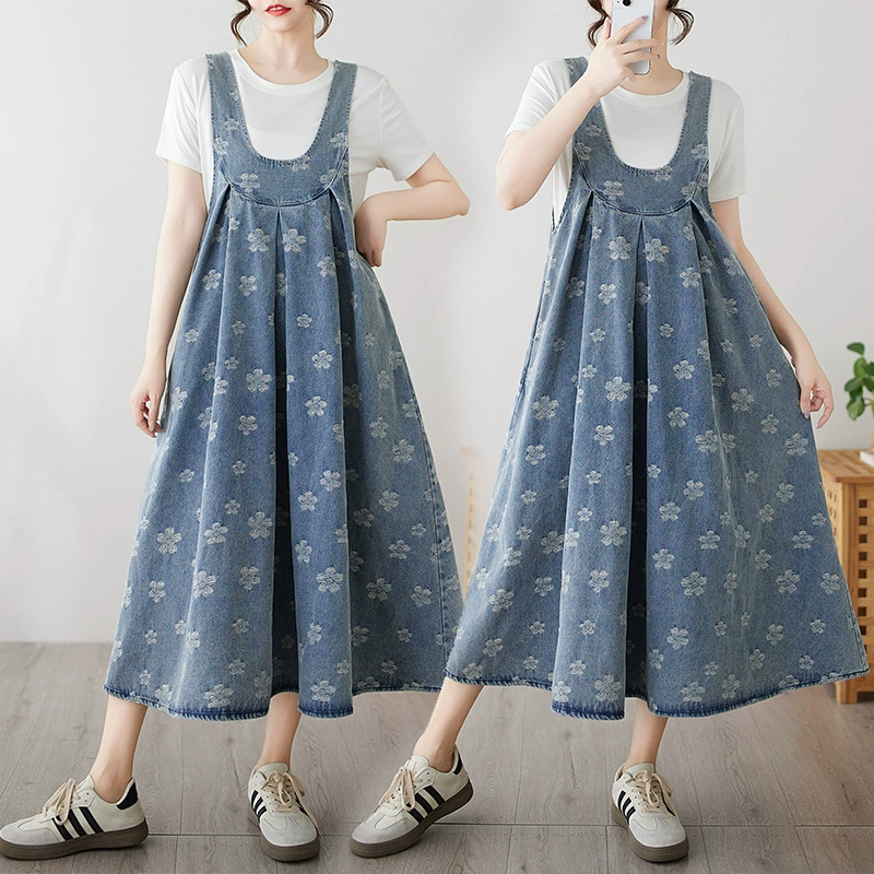 Реальная съемка большого размера ретро минус возраст жаккард свободный повседневный джинсовый ремешок длинное платье