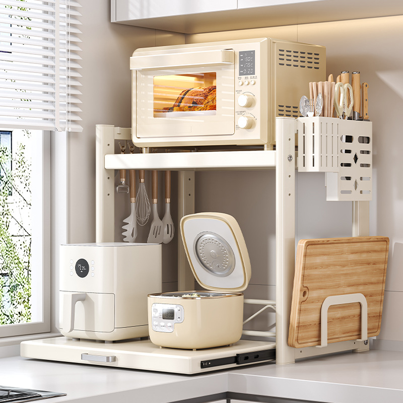 Adjustable Height Pull-Out Storage Rack for Home Kitchen Microwave Oven Rack Countertop Rice Cooker Oven Stand