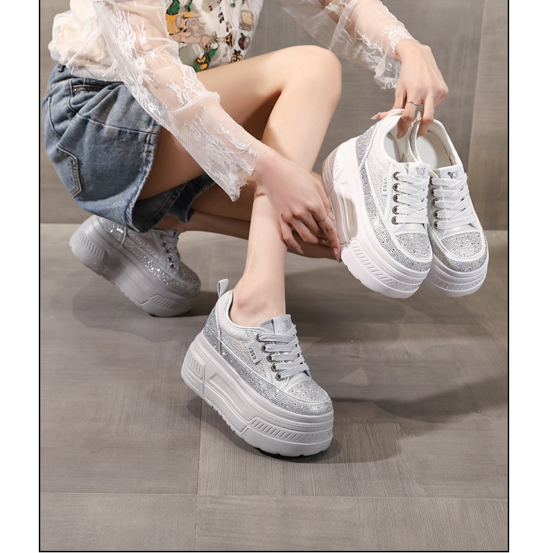 Giày sneaker nữ đế dày tăng chiều cao, phối đá rhinestone trắng, phong cách thể thao — màu trắng chi tiết 17