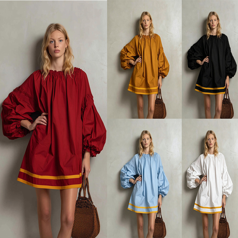 2026 Cross-Border European and American Style Loose Dress for Women, Round Neck, Puff Sleeves, Contrasting Color Splicing, Short Holiday Style Babydoll Dress 2026 Cross-Border European and American Style Loose Dress for Women, Round Neck, Puff Sleeves, Contrasting Color Splicing, Short Holiday Style Babydoll Dress