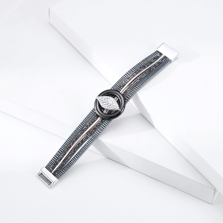 Bohemian Multilayer Hot Rhinestone Leaf Leather Bracelet