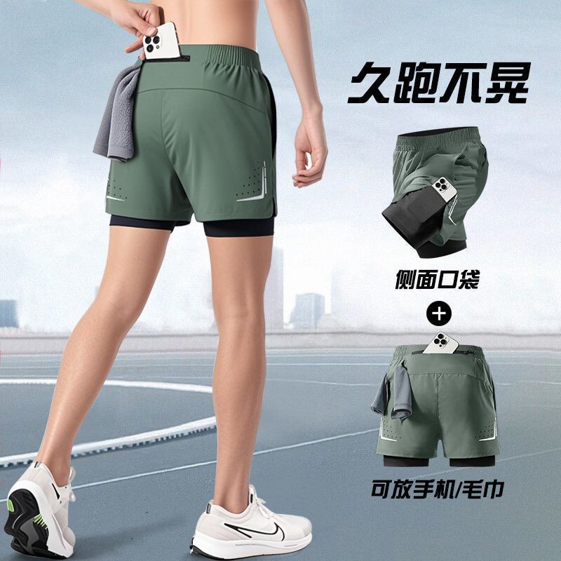 Men's Sports Shorts for Running, Suitable for Carrying a Phone, Summer Long and Short Running Track and Field Quick-Dry Three-Point Shorts with Lining
