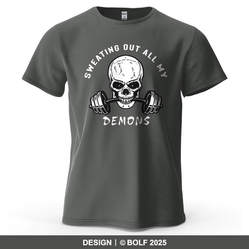 Trendy Brand Gym T-Shirt Cross-Border Fitness Cotton Skull Graphic Print Men's Beige Black Blue Gray