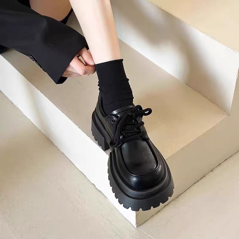 牛皮版~厚底真皮小皮鞋女英伦风复古增高松糕鞋粗跟乐福单鞋女鞋|undefined