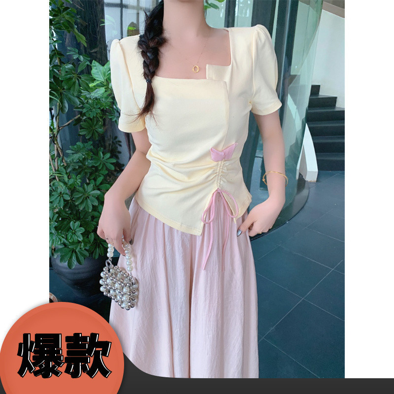 D2G夏セット女性フランスデザイン感不規則tシャツ上着が痩せている|undefined